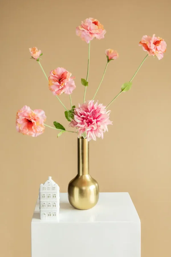 Jula Bloom’s Jacinda silk flower bouquet with peach and pink blooms, in a small gold vase