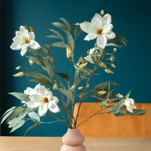 Jula Bloom’s Nightingale silk flower bouquet with large white blooms, in a light pink vase