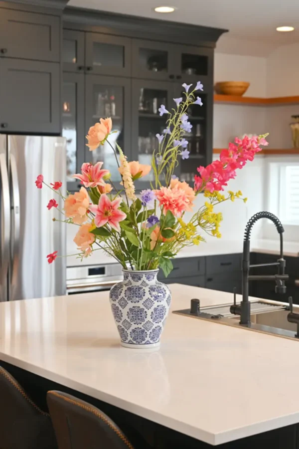 Jula Bloom’s Lovelace silk flower bouquet with purple, orange, yellow and pink blooms in blue and white vase on a kitchen counter