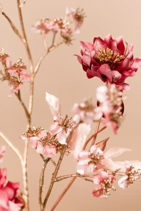 Jula Bloom’s Austen silk flower bouquet with pink blooms and gold brances