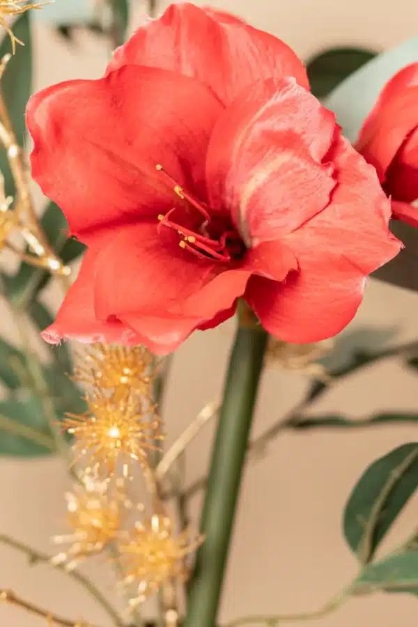 Jula Bloom’s Amelia silk flower bouquet with red blooms, gold thistles and green leaf