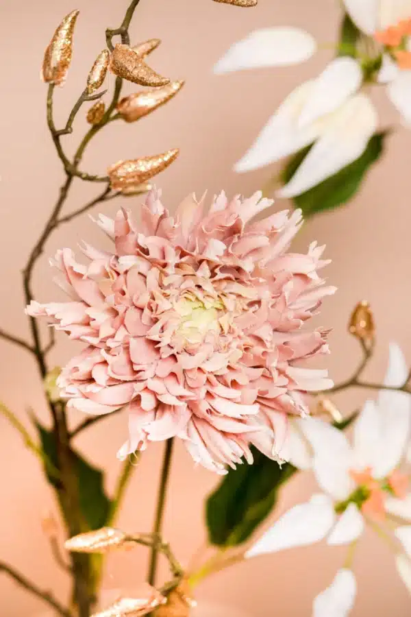 Jula Bloom’s Barrymore silk flower bouquet with white and pink blooms and gold leaf