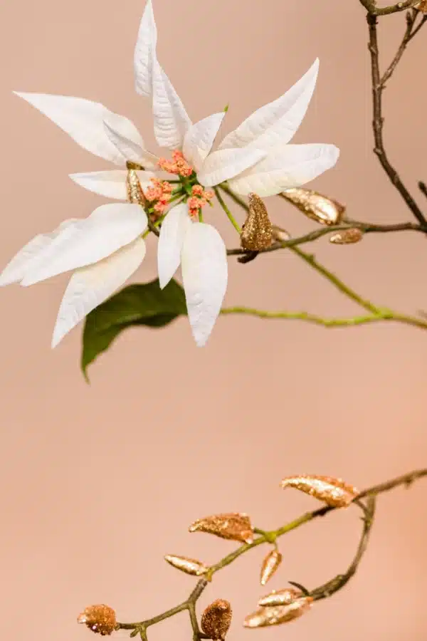 Jula Bloom’s Barrymore silk flower bouquet with white blooms and gold leaf